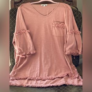 Umgee USA V-neck Top with frayed bottom, sleeve and pocket